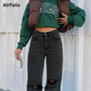 NVFelix Mom Ripped Jeans 2022 Straight Pants Black Y2k Wide Leg Loose Baggy Pants Autumn Comfortable Denim Wash Trousers