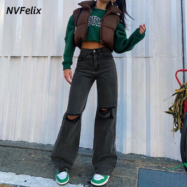 NVFelix Mom Ripped Jeans 2022 Straight Pants Black Y2k Wide Leg Loose Baggy Pants Autumn Comfortable Denim Wash Trousers