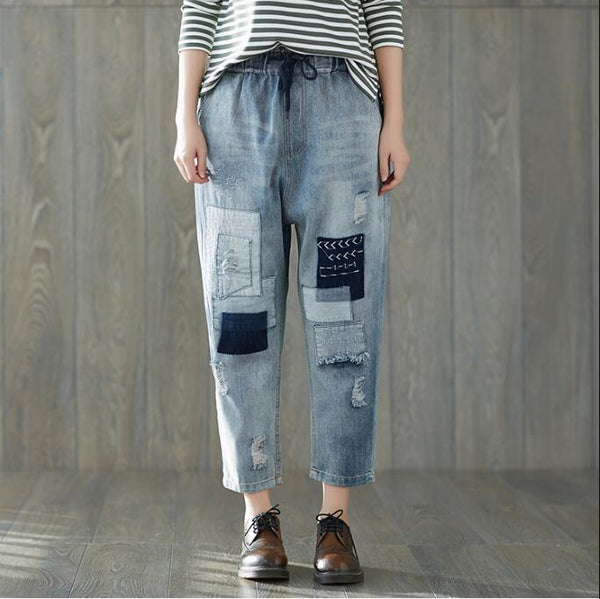 2022 New Spring Autumn Women jeans loose Casual washed pants holes Elastic Denim Nine Trousers