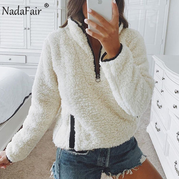 Nadafair 2019 Winter Fluffy Sweater Casual Fleece Warm Oversized Sweater Women Fuax Fur Pullovers Winter Coat Ladies Jumpers