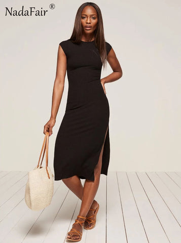 95% Cotton Knitted Short Sleeve High Split Sexy Club Bodycon Party Dress Women Summer Red Black Midi Dress