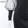 Nadafair Mesh Puff Sleeve Sexy Bodycon Dress Women High Neck Club Outfits Back Split Black Party Maxi Dress Women Winter  2023