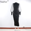 Nadafair Mesh Puff Sleeve Sexy Bodycon Dress Women High Neck Club Outfits Back Split Black Party Maxi Dress Women Winter  2023