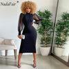 Nadafair Mesh Puff Sleeve Sexy Bodycon Dress Women High Neck Club Outfits Back Split Black Party Maxi Dress Women Winter  2023