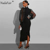 Nadafair Mesh Puff Sleeve Sexy Bodycon Dress Women High Neck Club Outfits Back Split Black Party Maxi Dress Women Winter  2023