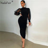Nadafair Mesh Puff Sleeve Sexy Bodycon Dress Women High Neck Club Outfits Back Split Black Party Maxi Dress Women Winter  2023