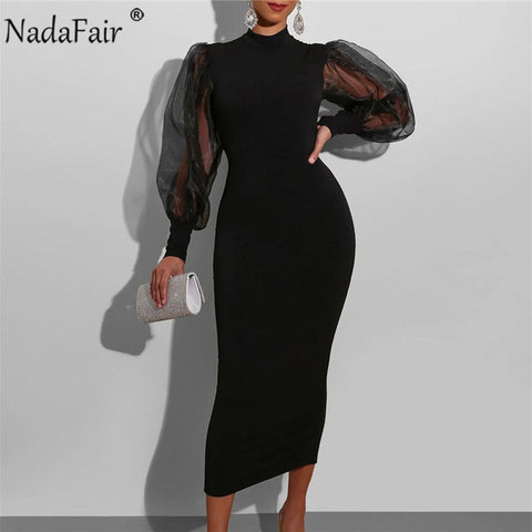 Nadafair Mesh Puff Sleeve Sexy Bodycon Dress Women High Neck Club Outfits Back Split Black Party Maxi Dress Women Winter  2023