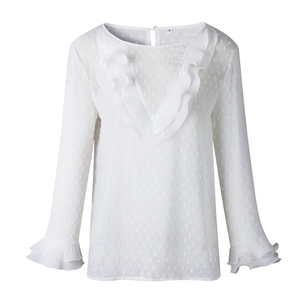 Ruffle Lace Blouse Women Long Sleeve Office Lady Casual Tops Butterfly Sleeve Chiffon Blouse Three Quater White Shirt