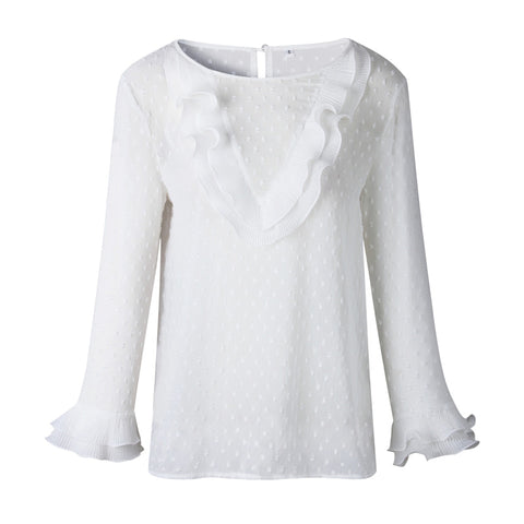 Ruffle Lace Blouse Women Long Sleeve Office Lady Casual Tops Butterfly Sleeve Chiffon Blouse Three Quater White Shirt