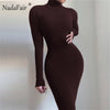Nadafair Sexy Women Dress Long Sleeve Turtleneck Autumn Winter Solid Casual Basic Black White Bodycon Slim Maxi Dress For Women