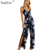Spaghetti Strap V Neck Backless High Split Floral Print Long Pants Women Summer Casual Jumpsuit