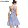 Women Dresses Bandage Cross Bow Midi Summer Dress Blue Striped Sleeveless Sexy Backless Vintage Party Dress Sundress