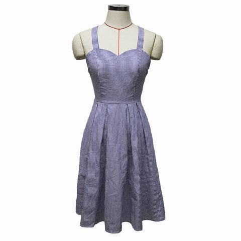 Women Dresses Bandage Cross Bow Midi Summer Dress Blue Striped Sleeveless Sexy Backless Vintage Party Dress Sundress