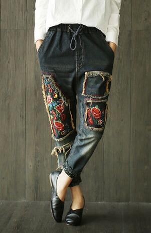 National Wind Embroidery flowers Patch Retro Loose Casual Denim Trousers Collapse Pants Female Literary 204