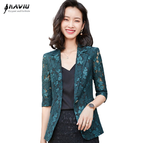 Naviu 2023 Lace Suits Women Summer Slim Casual Elegant Half Sleeve Blazer And Skirt Office Ladies Formal Work Wear