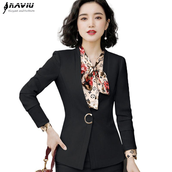 Naviu woman blazers formal long sleeve v neck outerwear for office ladies jackets and blazers black and white