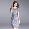 Navy Blue Grey Dress Hot Women Gorgeous Dress Allover Embroidery Short Sleeve Bodycon Plus Size Party Pencil Dress XXXL Female