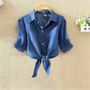 Navy Blue Shirts women Knot Front Crop Womens Tops and Blouses Button Ladies Shirts Summer Blouse Korea Stylish Girl 4 Color