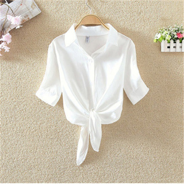 Navy Blue Shirts women Knot Front Crop Womens Tops and Blouses Button Ladies Shirts Summer Blouse Korea Stylish Girl 4 Color
