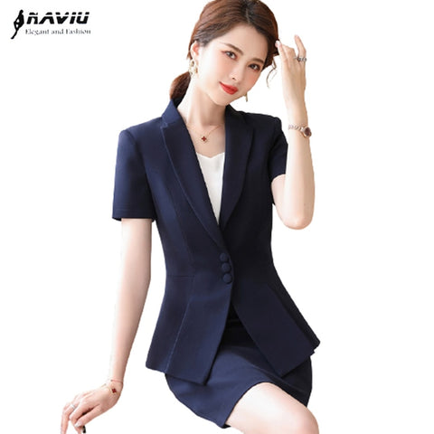 Navy Blue Short Sleeve Suits Women Summer Temperament Business Slim Blazer And Skirt Office Ladies Work Wear