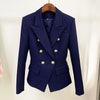 Navy Blue Women Blazer Cotton Linen 2023 Autumn Metal Gold Double-breasted Button Slim Blazers Jackets Suit