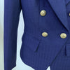 Navy Blue Women Blazer Cotton Linen 2023 Autumn Metal Gold Double-breasted Button Slim Blazers Jackets Suit