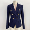 Navy Blue Women Blazer Cotton Linen 2023 Autumn Metal Gold Double-breasted Button Slim Blazers Jackets Suit