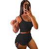 Neon Yellow Knitted Suits 2 Pieces Sets Women's Outfit Low Neck Cropped Tank Top+ruched Drawstring Biker Short Summer Tracksuit