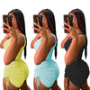 Neon Yellow Knitted Suits 2 Pieces Sets Women's Outfit Low Neck Cropped Tank Top+ruched Drawstring Biker Short Summer Tracksuit