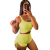 Neon Yellow Knitted Suits 2 Pieces Sets Women's Outfit Low Neck Cropped Tank Top+ruched Drawstring Biker Short Summer Tracksuit