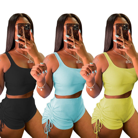 Neon Yellow Knitted Suits 2 Pieces Sets Women's Outfit Low Neck Cropped Tank Top+ruched Drawstring Biker Short Summer Tracksuit