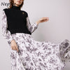 Neploe 2022 Autumn Women Robes Japanese Fresh Vestidos Half High Collar Printed Pleated Dresses Knit Drawstring Vest Suits