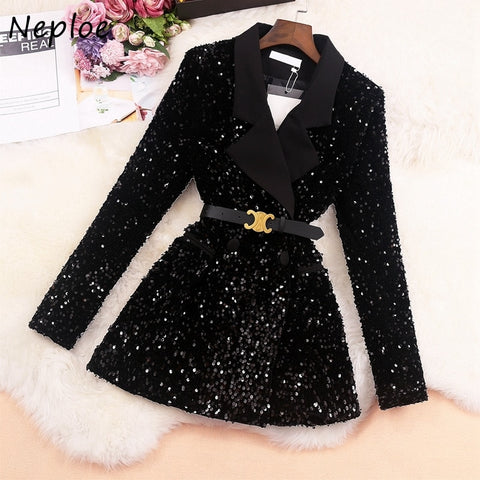 Neploe 2023 Autumn Ladies Sequined Coat Female Notched Collar Shiny Sequin Women Blazers Long Sleeve Outer Wear Jacket