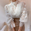 Neploe Chic Button Hollow Out Flower Lace Patchwork Shirt Stand Collar All-match Femme Blusas Petal Sleeve Women Blouses