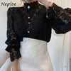 Neploe Chic Button Hollow Out Flower Lace Patchwork Shirt Stand Collar All-match Femme Blusas Petal Sleeve Women Blouses