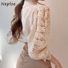 Neploe Chic Button Hollow Out Flower Lace Patchwork Shirt Stand Collar All-match Femme Blusas Petal Sleeve Women Blouses