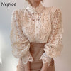 Neploe Chic Button Hollow Out Flower Lace Patchwork Shirt Stand Collar All-match Femme Blusas Petal Sleeve Women Blouses