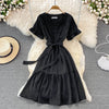 Neploe High Waist Dresses for Women Hepburn Style Ruffled Sleeve Robe Female V-neck Solid Color Vestidos De Mujer 2022