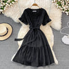 Neploe High Waist Dresses for Women Hepburn Style Ruffled Sleeve Robe Female V-neck Solid Color Vestidos De Mujer 2022