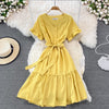 Neploe High Waist Dresses for Women Hepburn Style Ruffled Sleeve Robe Female V-neck Solid Color Vestidos De Mujer 2022