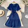 Neploe High Waist Dresses for Women Hepburn Style Ruffled Sleeve Robe Female V-neck Solid Color Vestidos De Mujer 2022