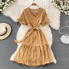 Neploe High Waist Dresses for Women Hepburn Style Ruffled Sleeve Robe Female V-neck Solid Color Vestidos De Mujer 2022