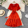 Neploe High Waist Dresses for Women Hepburn Style Ruffled Sleeve Robe Female V-neck Solid Color Vestidos De Mujer 2022