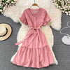 Neploe High Waist Dresses for Women Hepburn Style Ruffled Sleeve Robe Female V-neck Solid Color Vestidos De Mujer 2022