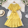 Neploe High Waist Dresses for Women Hepburn Style Ruffled Sleeve Robe Female V-neck Solid Color Vestidos De Mujer 2022