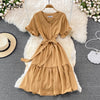 Neploe High Waist Dresses for Women Hepburn Style Ruffled Sleeve Robe Female V-neck Solid Color Vestidos De Mujer 2022
