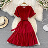 Neploe High Waist Dresses for Women Hepburn Style Ruffled Sleeve Robe Female V-neck Solid Color Vestidos De Mujer 2022