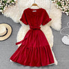 Neploe High Waist Dresses for Women Hepburn Style Ruffled Sleeve Robe Female V-neck Solid Color Vestidos De Mujer 2022