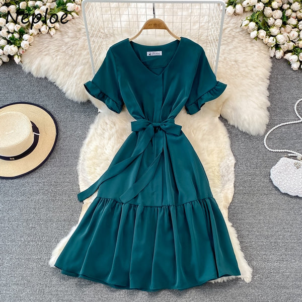 Neploe High Waist Dresses for Women Hepburn Style Ruffled Sleeve Robe Female V-neck Solid Color Vestidos De Mujer 2022