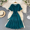 Neploe High Waist Dresses for Women Hepburn Style Ruffled Sleeve Robe Female V-neck Solid Color Vestidos De Mujer 2022